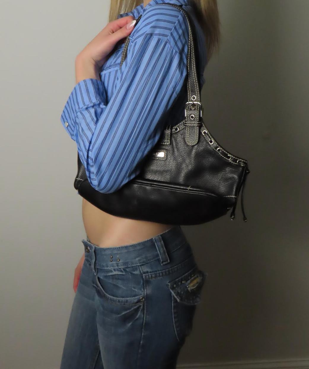 Vintage Black Leather Purse with White Stitching