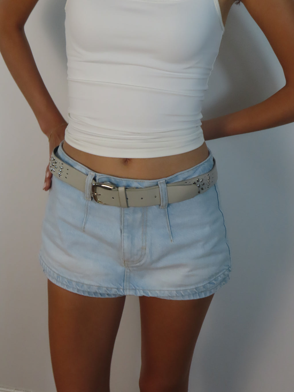 Vintage Studded Light Grey Leather Belt