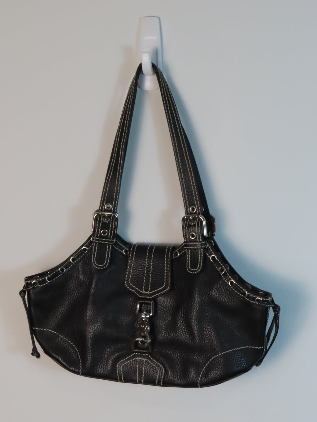 Vintage Black Leather Purse with White Stitching