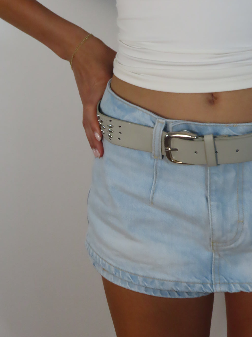 Vintage Studded Light Grey Leather Belt