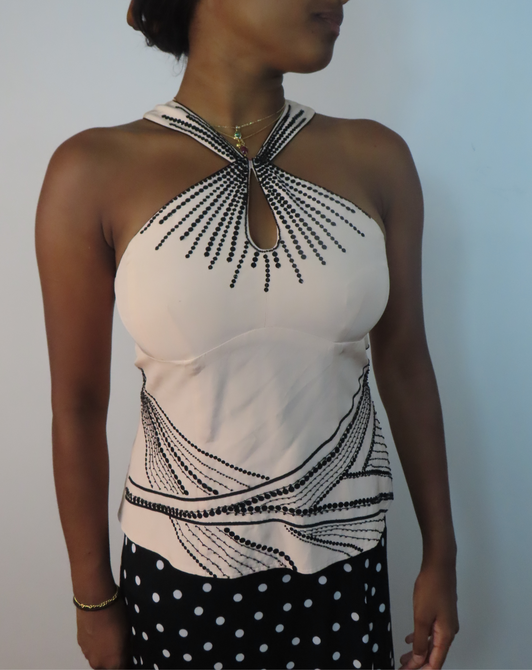2000s Light Pink Halter with Black Sequins