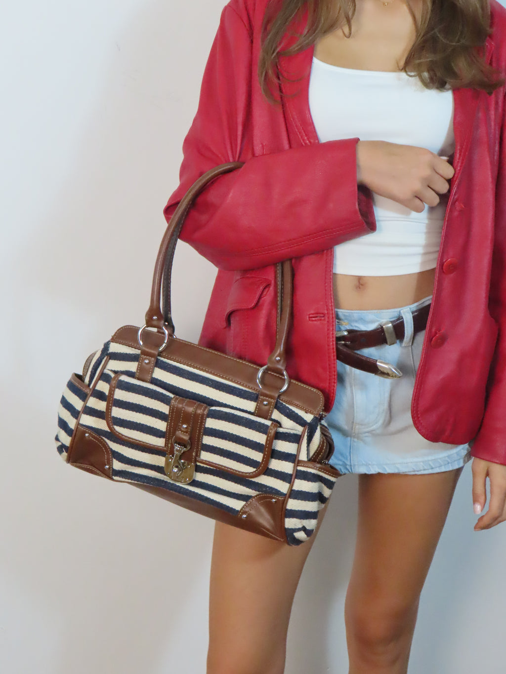 Vintage Navy Leather Striped Purse