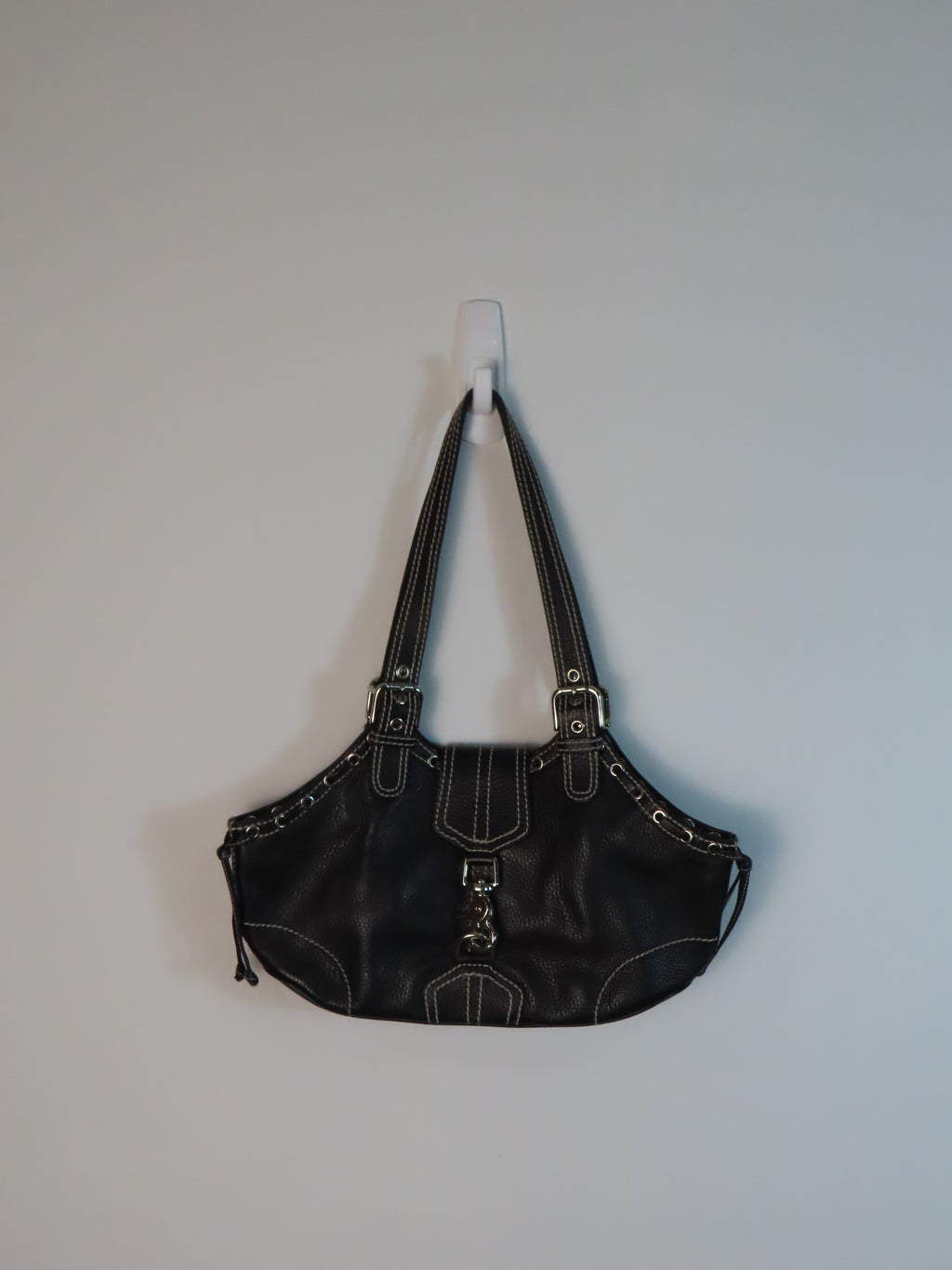 Vintage Black Leather Purse with White Stitching