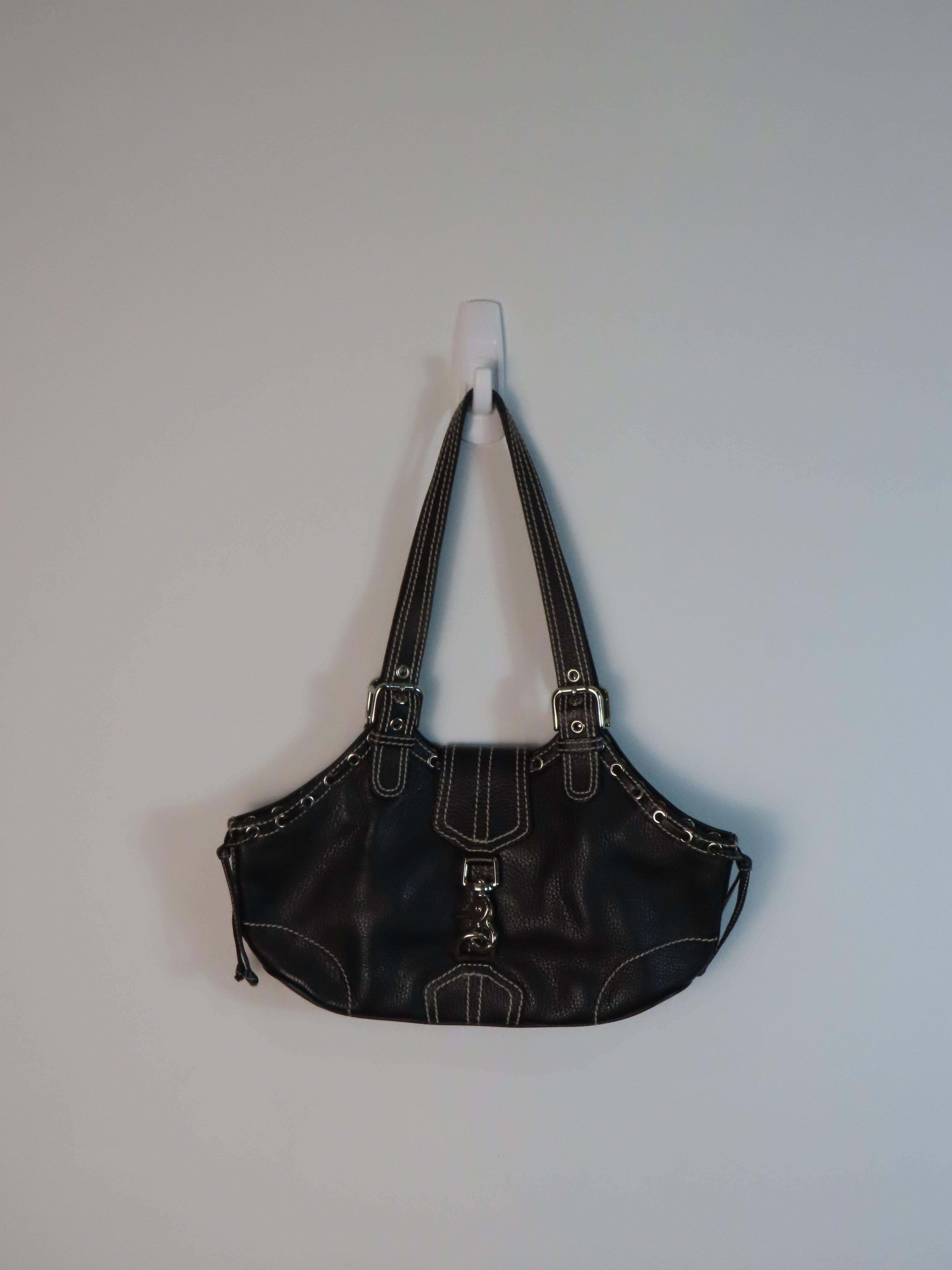Vintage Black Leather Purse with White Stitching