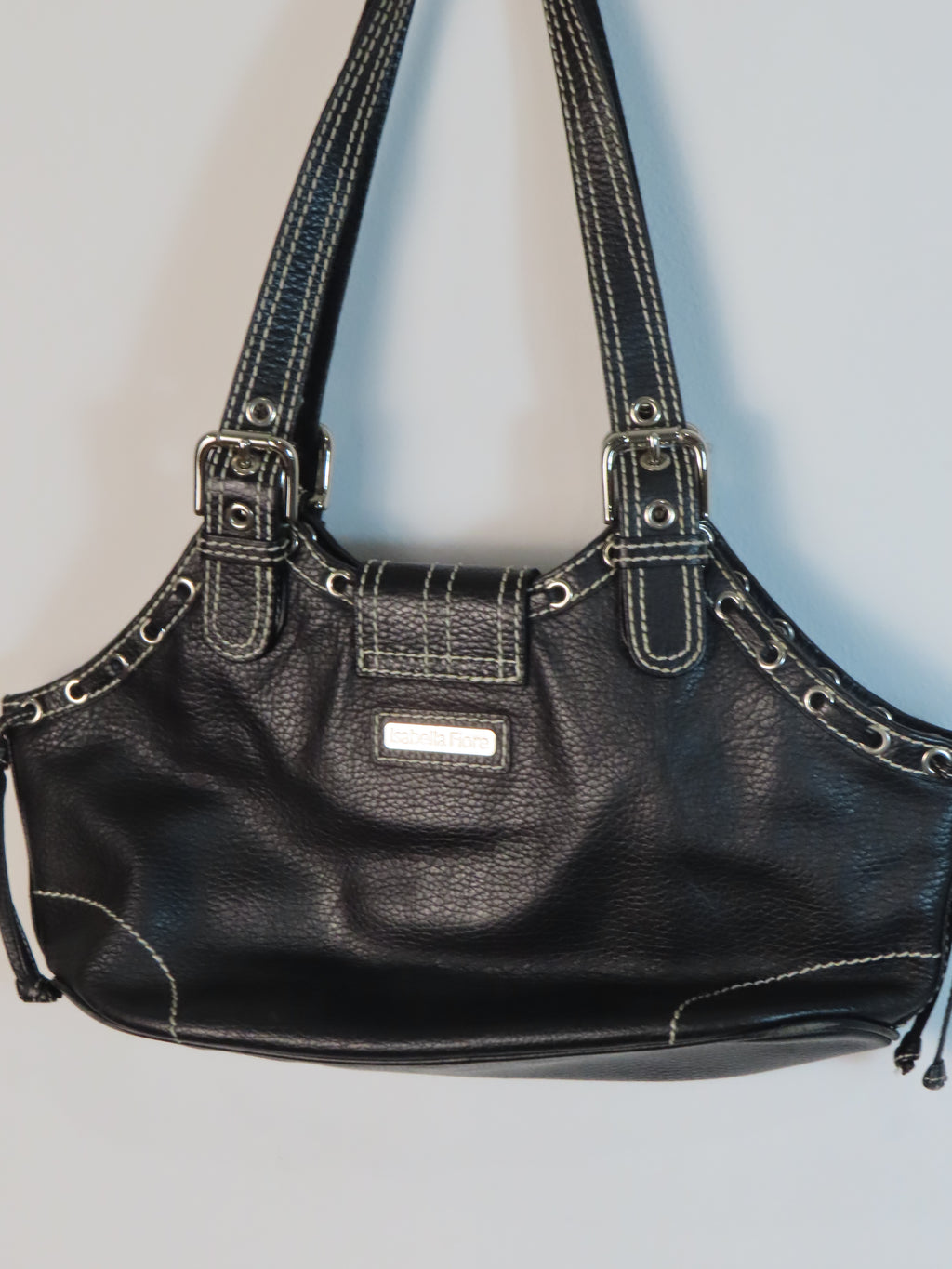 Vintage Black Leather Purse with White Stitching